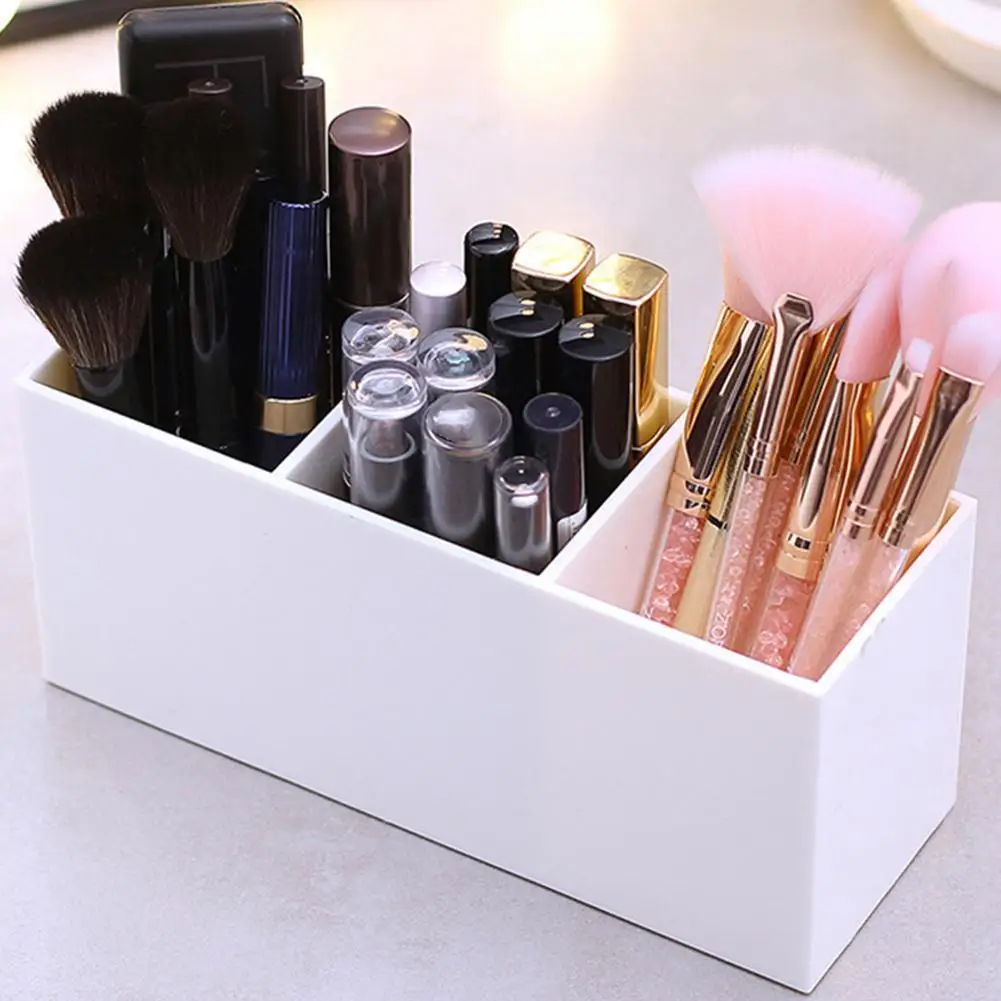 

3-compartment Cosmetic Brush Storage Tube, Injection-molded Desktop Cosmetic Tool Storage Box, White And Simple