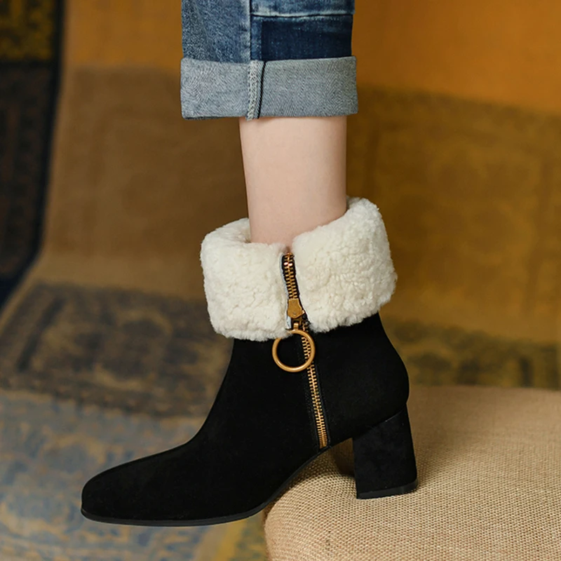 

Luxury Brand Designer Sheep Suede Chelsea Boots for Women Winter Warm Wool Ladies Snow Boots Zip Chunky Heels Shoes Ankle Boots