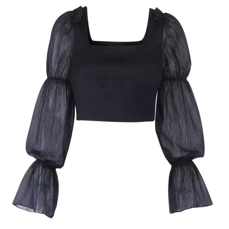 

Fashion Women Summer Street Tank Style Cropped Blouse Casual Sheer Mesh Puff Long Sleeve Vacation Fashion Club Tops Blouse