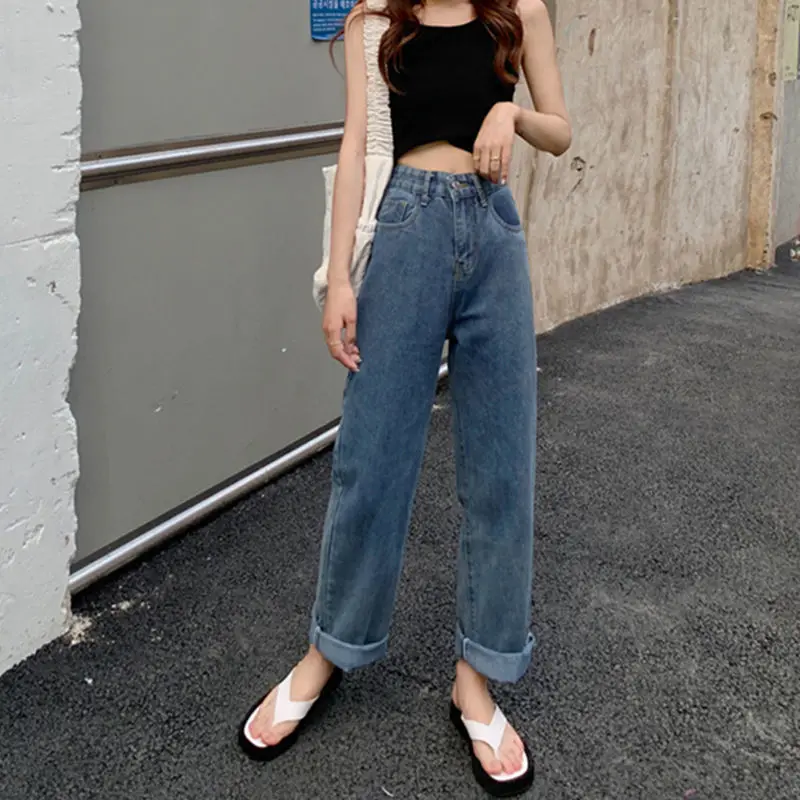 Джинсы женские свободные универсальные на молнии прямые синие стильные брюки из