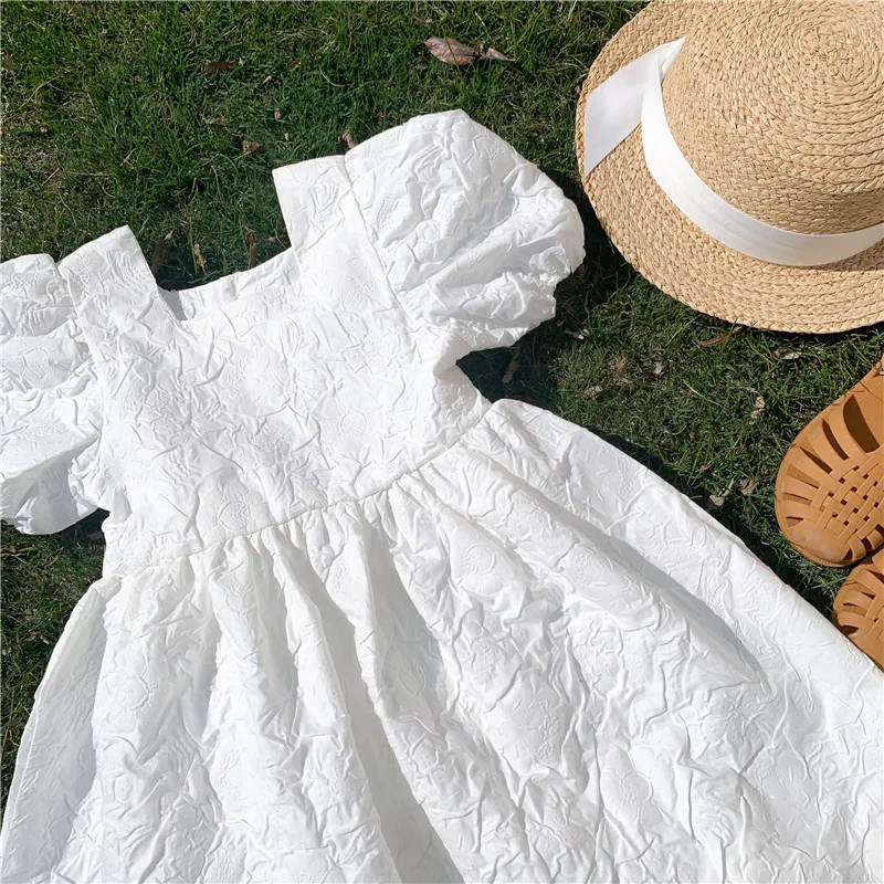 

Girl Dress Kids Children Dresses Girl Short Sleeve Princess White Embossed Dress Baby Girls Clothes Dress for Girls Summer Party