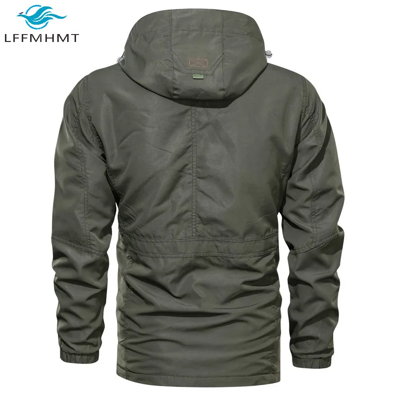 

Men's Spring Autumn Long Sleeve Letter Print Multi Pockets Jackets Male Large Size Casual Outdoor Hooded Loose Coat Handsome Top