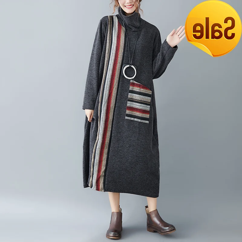 

Women Winter Dress Thick Casual Autumn Loose Striped Patchwork Front Pocket Long Midi Turtleneck Dresses Size jurkjes