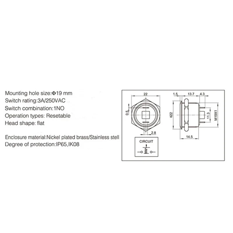 

Momentary Stainless Steel Metal Push Button Switch 19mm