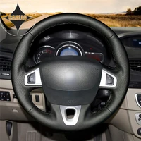 diy car steering wheel cover for renault megane 3 scenic 3 kangoo 2 fluence ze sm3 genuine black leather stitching custom holder