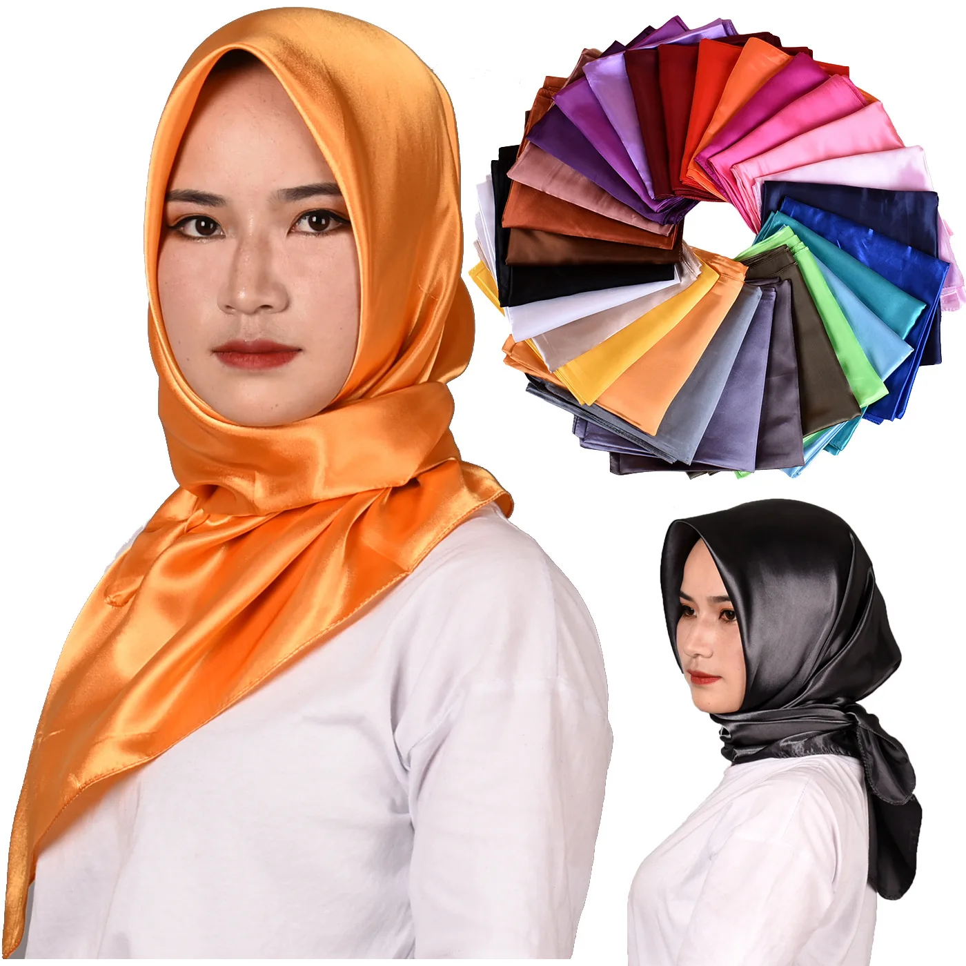

Malaysian Muslim Solid Color Turban Ladies Silk Scarf 90*90 Satin Large Square Scarf Manufacturer Wholesale Free Shipping