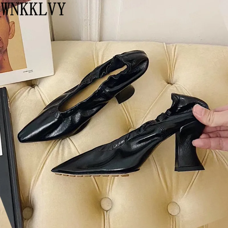 

Wrinkle Autumn Pumps Women Pointed Toe Soft Real Leather Chunky High Heel Shallow Mouth Single Shoes Stretch Slip On Witch Shoes