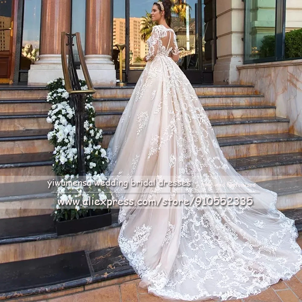 Koop Luxe Applicaties Parels Prinses Kant Een Lijn Bruidsjurk Lange Mouwen Champagnes V-hals Trouwjurk Robe De Mariee Trouwjurk