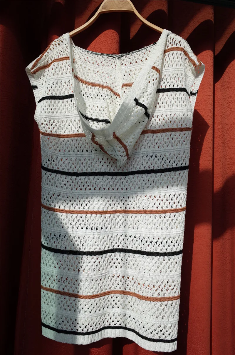 Вязаное крючком белое Полосатое платье без рукавов с капюшоном Сетчатое для