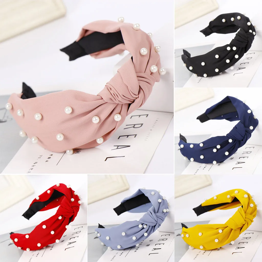 

Korea High Quality Hair Accessories for Women Mesh Yarn Pearl Beaded Lovely Hairband Flower Bows Double Knot Wide Headband @3