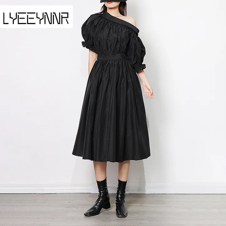 

Diagonal Collar Short Puff Sleeve Dress Office Lady A-line Mid-calf Sweet Dresses Solid Color Big Swing Temperament Robe Femme
