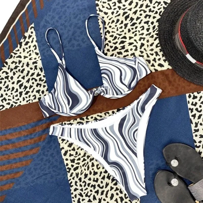 

2021 new swimming suit for women sexy zebra striped swimsuit steel ring sexy bikini