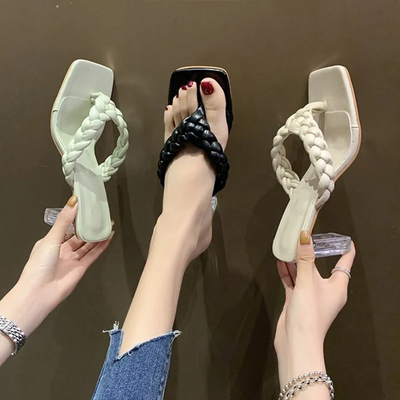 

Hot Summer Ladies Fashion High Heels Slippers PU Leather Weave Women Square Toe Slipper Flip Flop Women's Casual Shoes Female