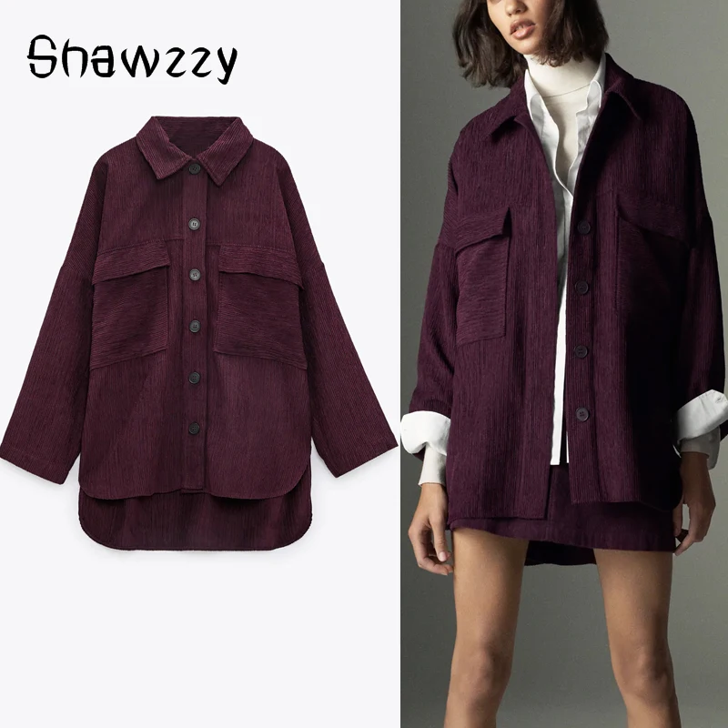 

2020 Za Vintage Corduroy Long Shirt Women Asymmetric Overshirt Long Sleeve Plus Size Top Female Chic Patch Pocket Autumn Shirts