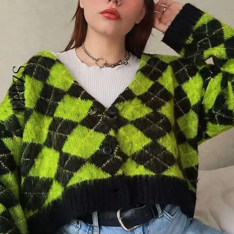 

Vintage argyle knitted cardigans women sweaters kawaii mohair sweater winter korean sweater clothes 2020 new