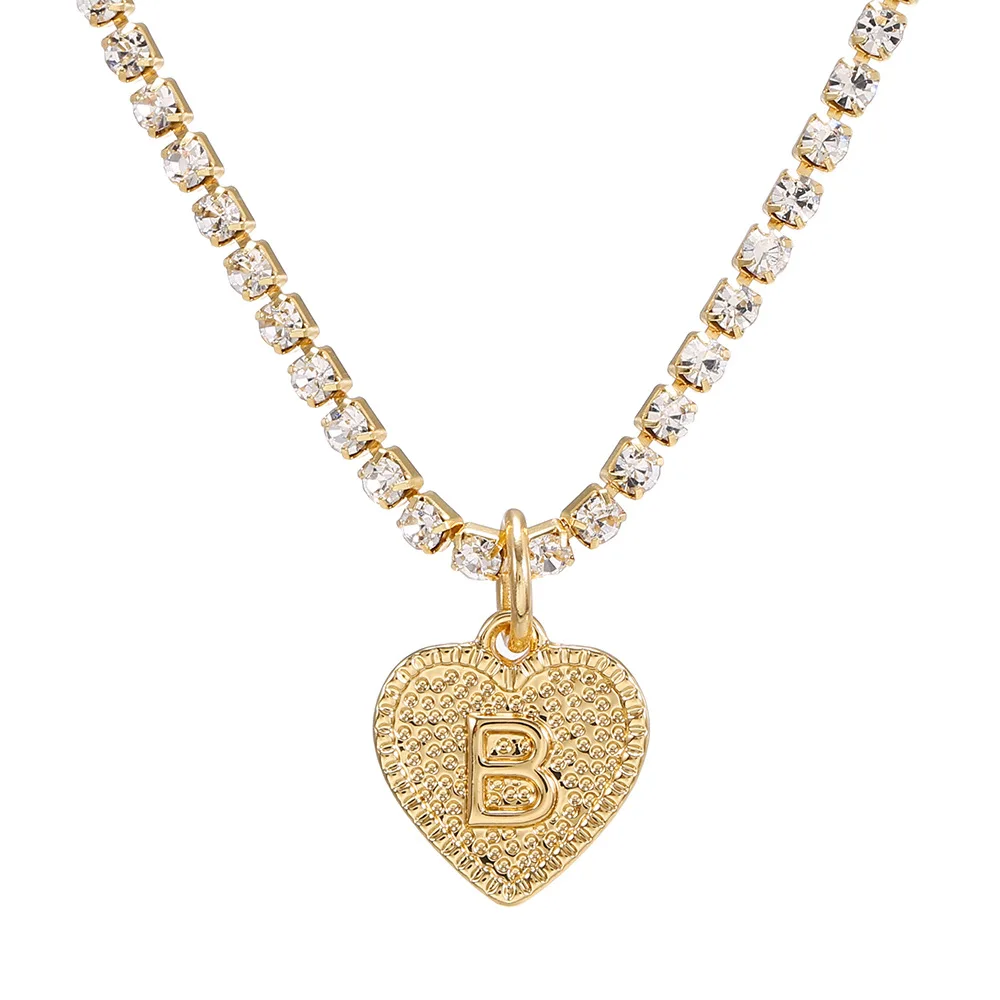 

Heart Golden Letter Pendants Necklace Name Women Rhinestone Jewellery crystal long Necklace Number Fashion Gift