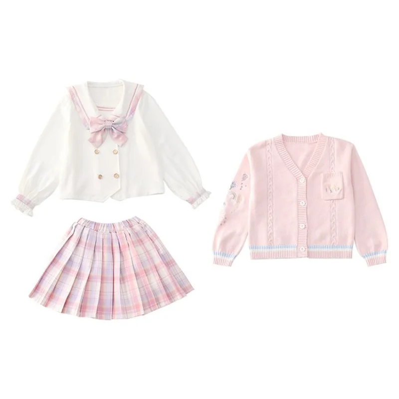 

2021 Autumn Winter 3-piece Sweater Cardigan Plaid Dress Navy Collar Shirt Children's Clothing Set Korea JK Uniform for Baby Girl