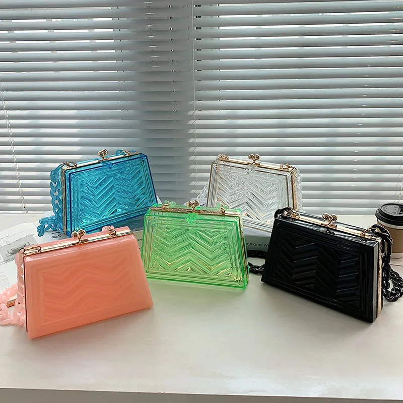 

Fashion Women Acrylic Transparent Shoulder Crossbody PVC Messenger Bag Luxury branded Ladies Chain Trapezoid Box Handbags Purse