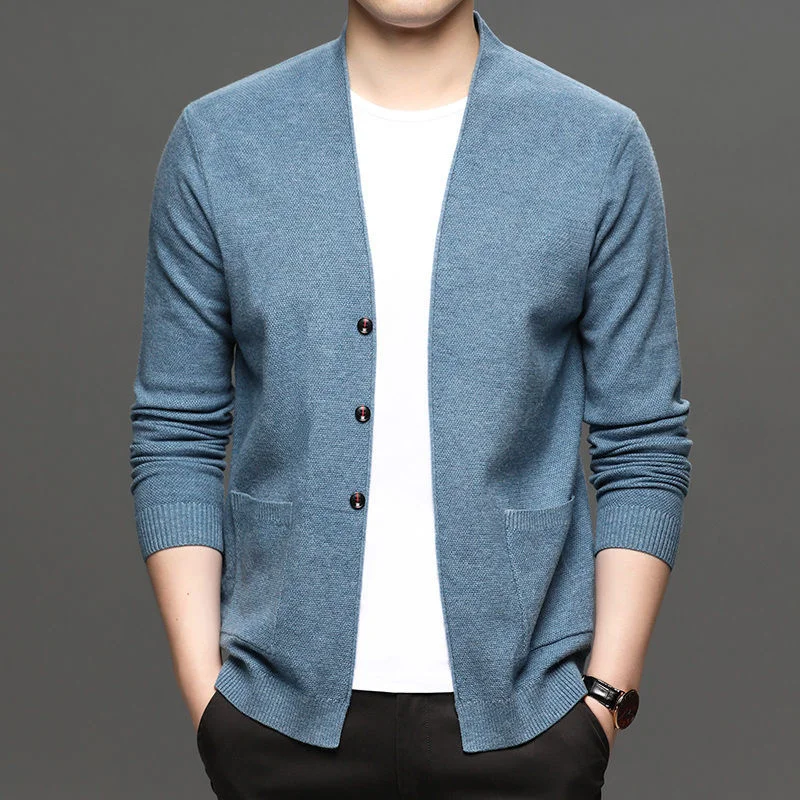 

Men 2021 Spring Autumn Fashion Solid Color Knitted Coats Men's V-neck Sweater Jackets Male Slim Thin Cardigan Overcoats O162