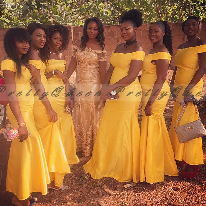 2020 Длинные Золотые желтые платья подружек невесты русалка с открытыми плечами