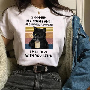 Women Printing Print Graphic Cat Coffee Cartoon Funny Trend Cute Fashion Clothes Lady Tees Tops Female T Shirt Womens T-Shirt