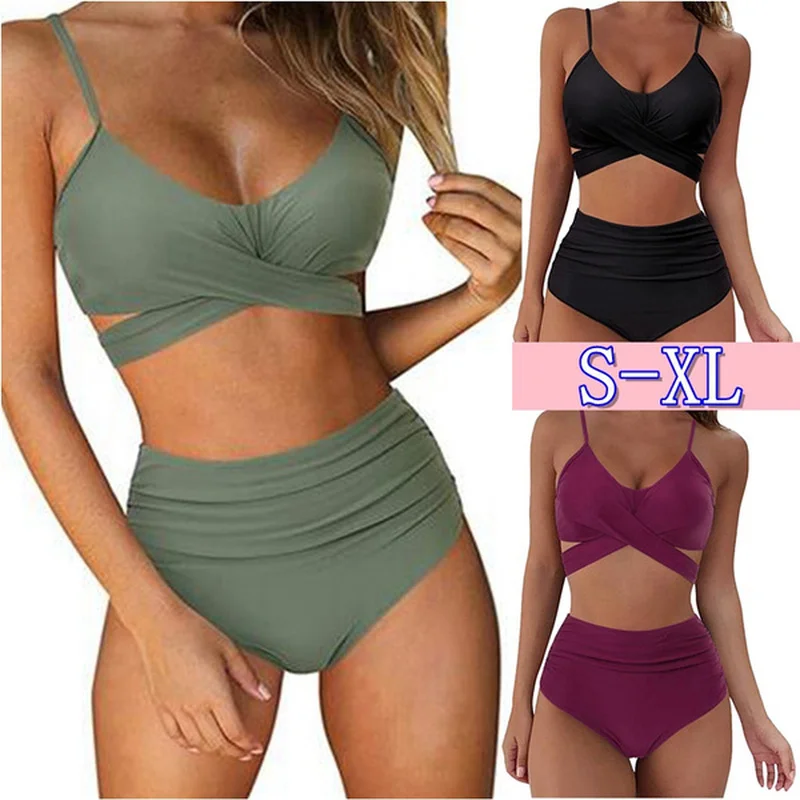 

Mandylandy Women Bikini Soild Print Bikini Set Push Up Bathing Swimwear High waist Swimsuit