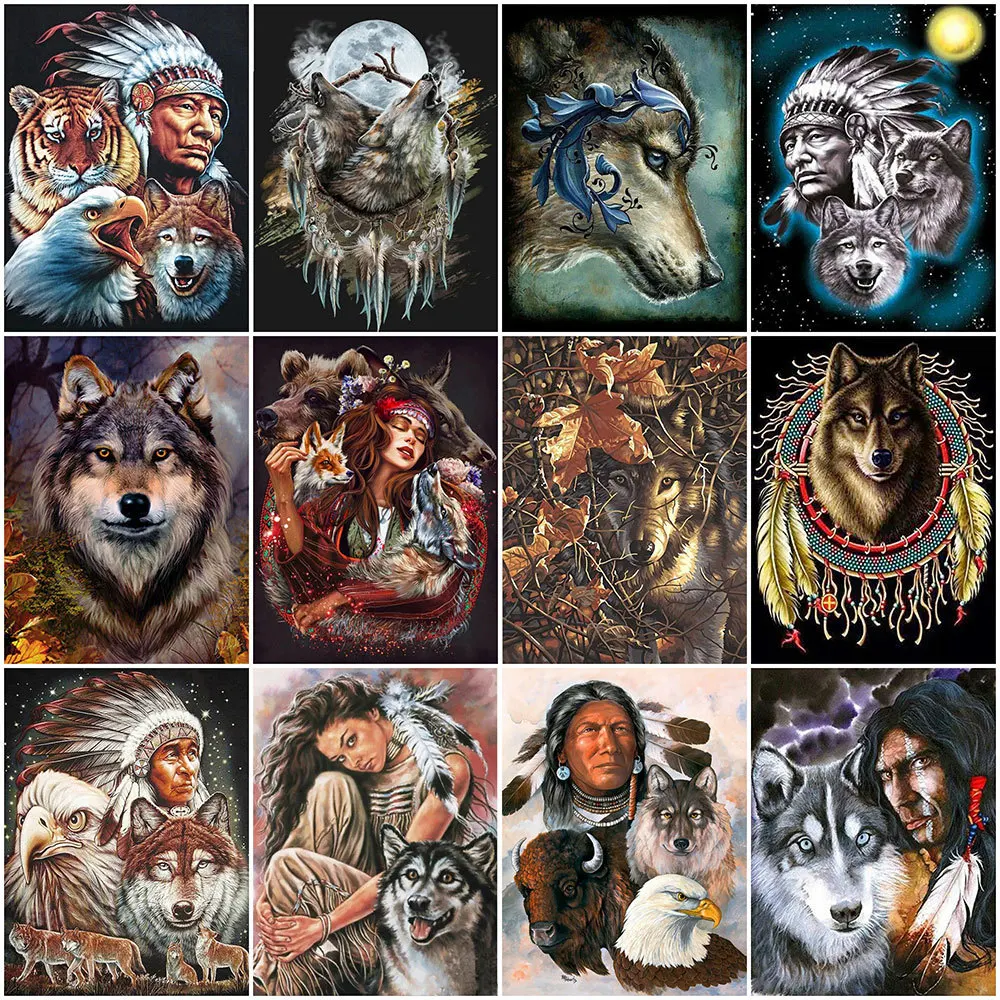 

HUACAN DIY Diamond Painting Indian Woman Wolf Full Drill Square Diamond Embroidery Animal Picture Of Rhinestone Home Decor