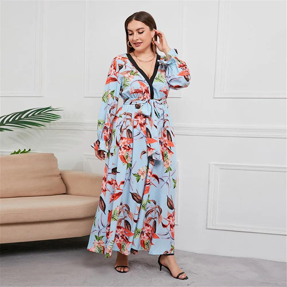 

Autumn New 2021 Womens Dress Fashion Casual Printing Temperament High Waist V-neck Long Sleeve Long Women Dress