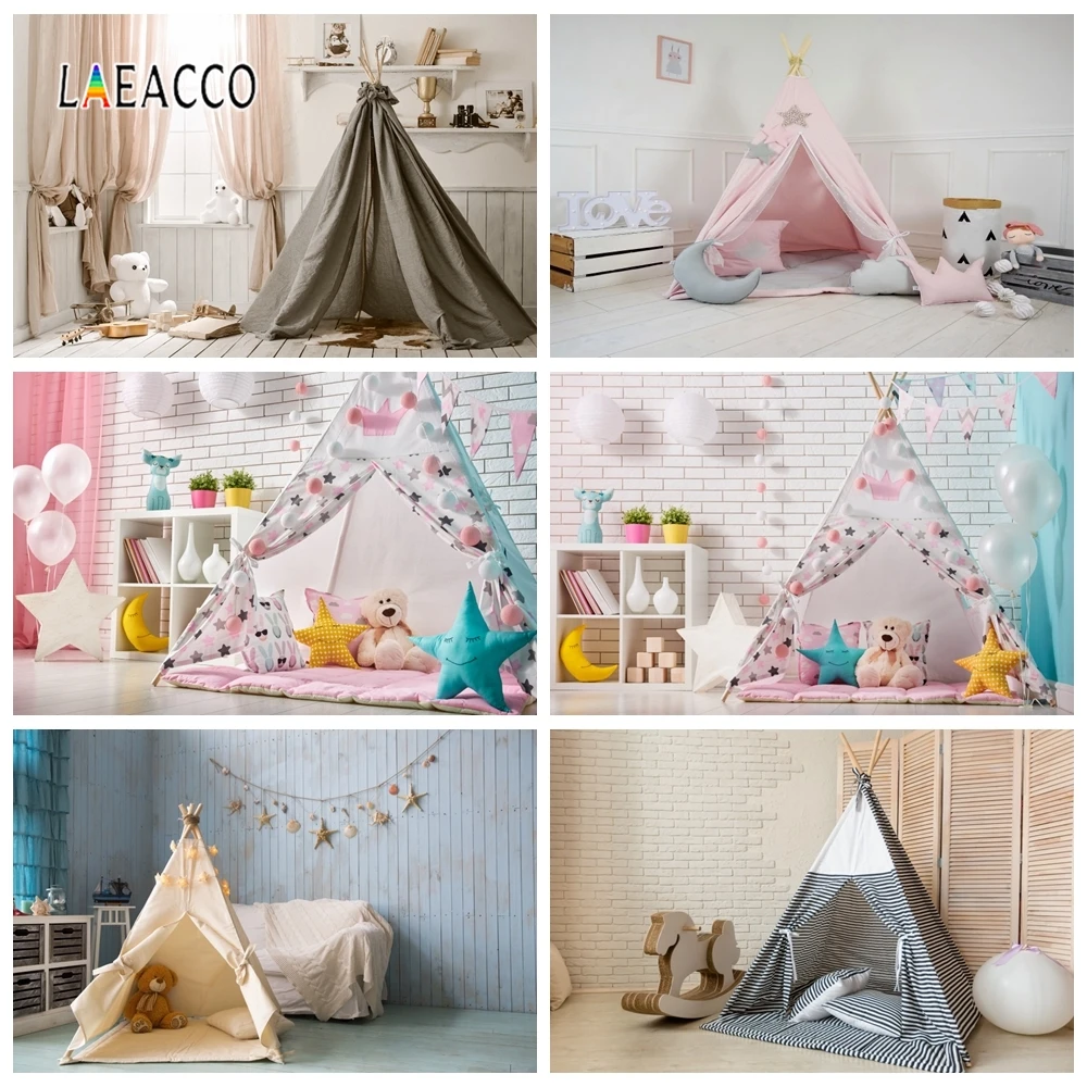 

Laeacco White Brick Wall Curtain Tent Balloons Toys Photography Backdrops Baby Portrait Photo Backgrounds Birthday Photophone