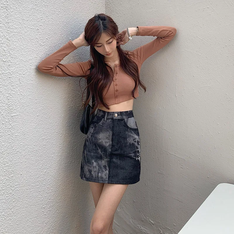 

Tie Dye Printed Jeans Skirts Pockets Denim Skirts Zipper High Waisted Skirts Korean Style Y2K Vaqueros Mujer Skirts Streetwear