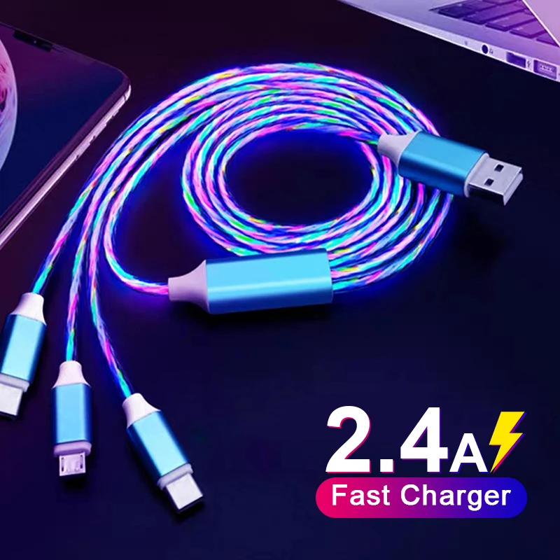 Светодиодный светящийся USB кабель 3 в 1 Micro для Xiaomi Type C Huawei Samsung мульти Usb порт