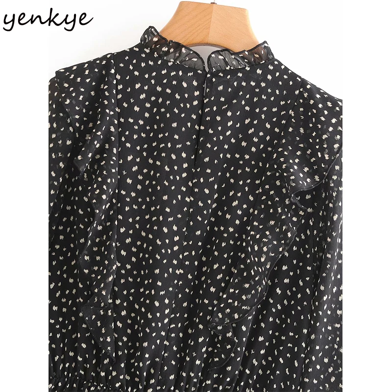 

New Fashion Women Vintage Print Ruffle Stand Collar Sexy Semi-Sheer Long Sleeve Dress Sweet Lady A-line Mini Vestido