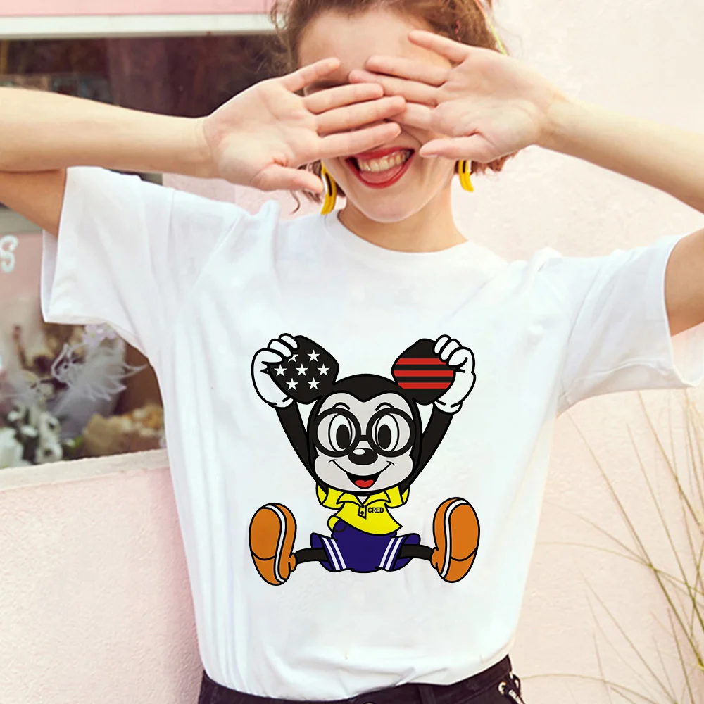 

Новая модная футболка Disney в стиле Харадзюку, футболка с коротким рукавом и мультяшным Микки, Женская свободная футболка с круглым вырезом, ф...