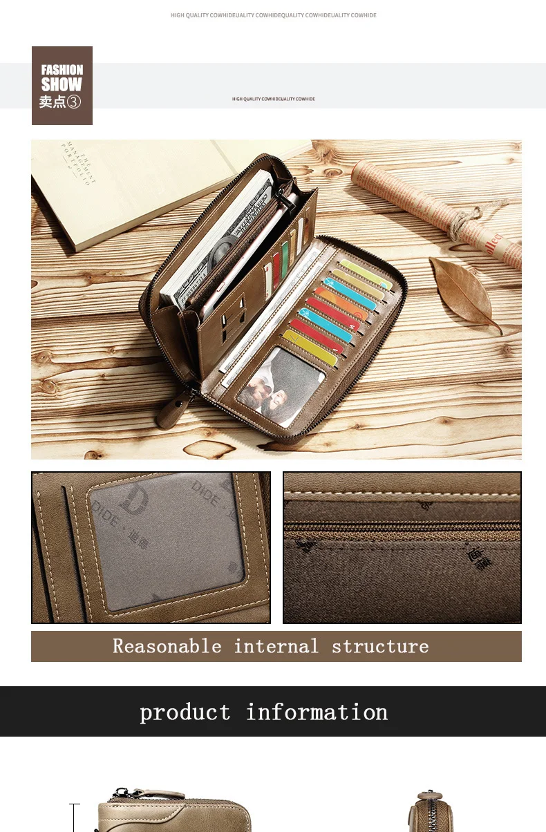 DIDE New Famous Brand Men Long Wallets Genuine Leather Coin Purse Male Purse Card Holder Clutch Wallet Business Vintage Bag
