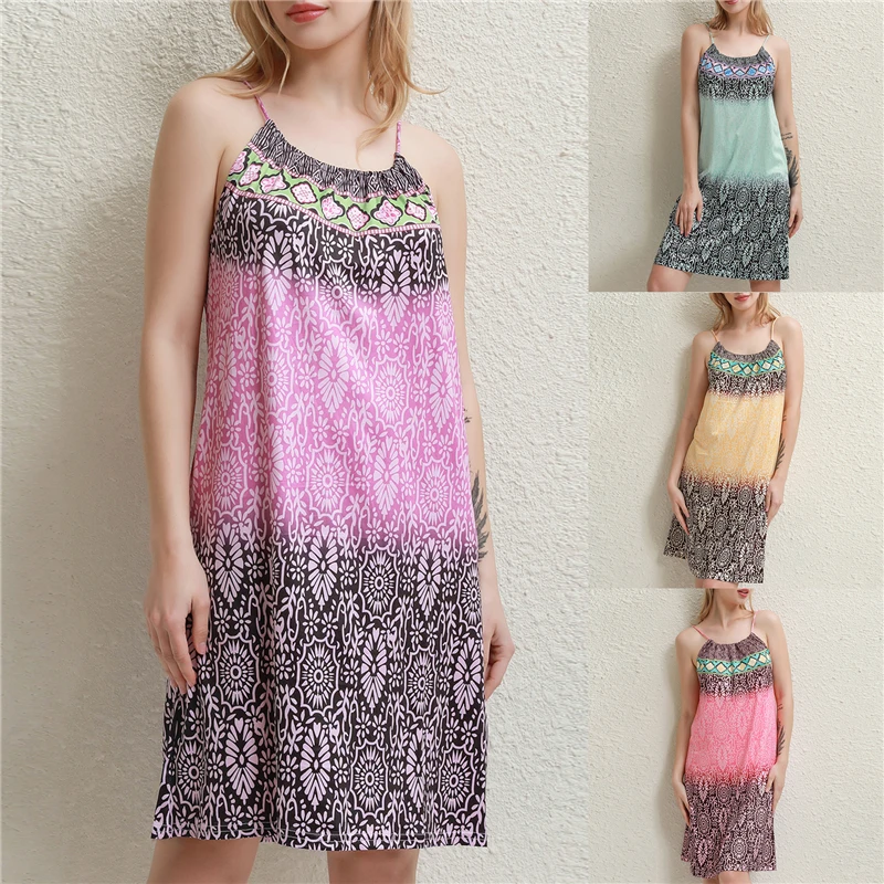

Sleeveless Dresses Women Summer Loose Casual O Neck Sling Dress New Bohemia Knee-length Printed Dress 2022