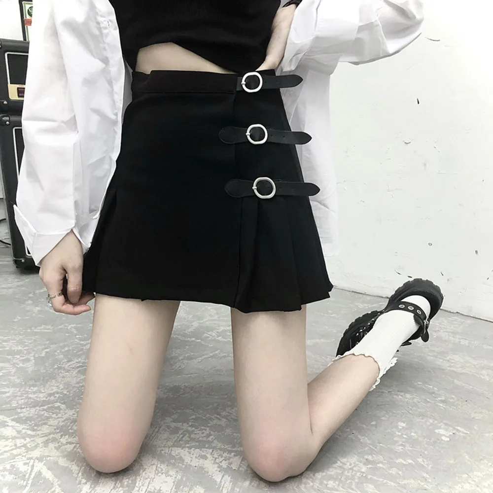 

Женская плиссированная мини-юбка в стиле Харадзюку, черная и серая юбка с высокой талией в готическом стиле, уличная одежда в стиле панк