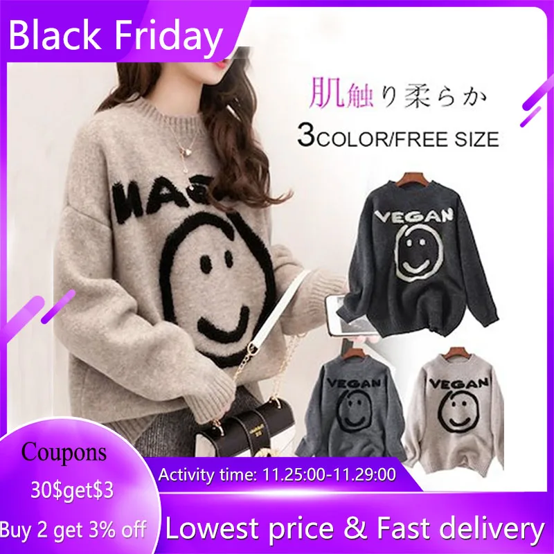 

Ladies Loose Sweater Autumn And Winter Models 2021 New Letter Smiley Face Sweater Women Tops Fashion Lazy Style Out Warm Sweater