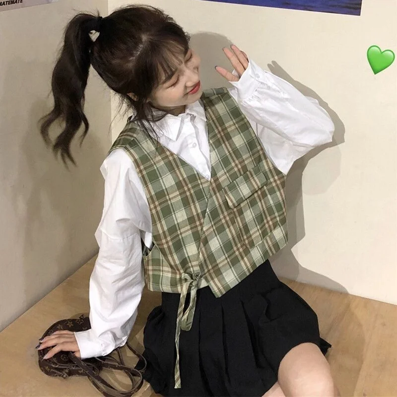 Маленькая рубашка плюс жилет Женское весенне осеннее Бандажное платье Топ