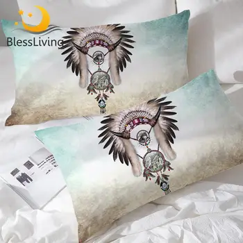 BlessLiving Wolf Dreamcatcher Pillow Case Feather Beads Western Pillow Protector for Boys Pillow Cover Gray Teal Blue Pillowcase 1