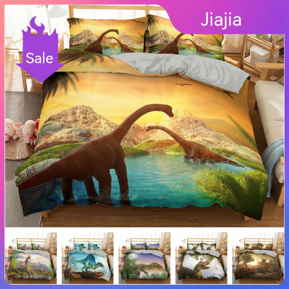 

2021 New Pattern 3d Digital Dinosaur Printing Duvet Cover Set 1 Quilt Cover + 1/2 Pillowcases Single Twin Double Full Queen King