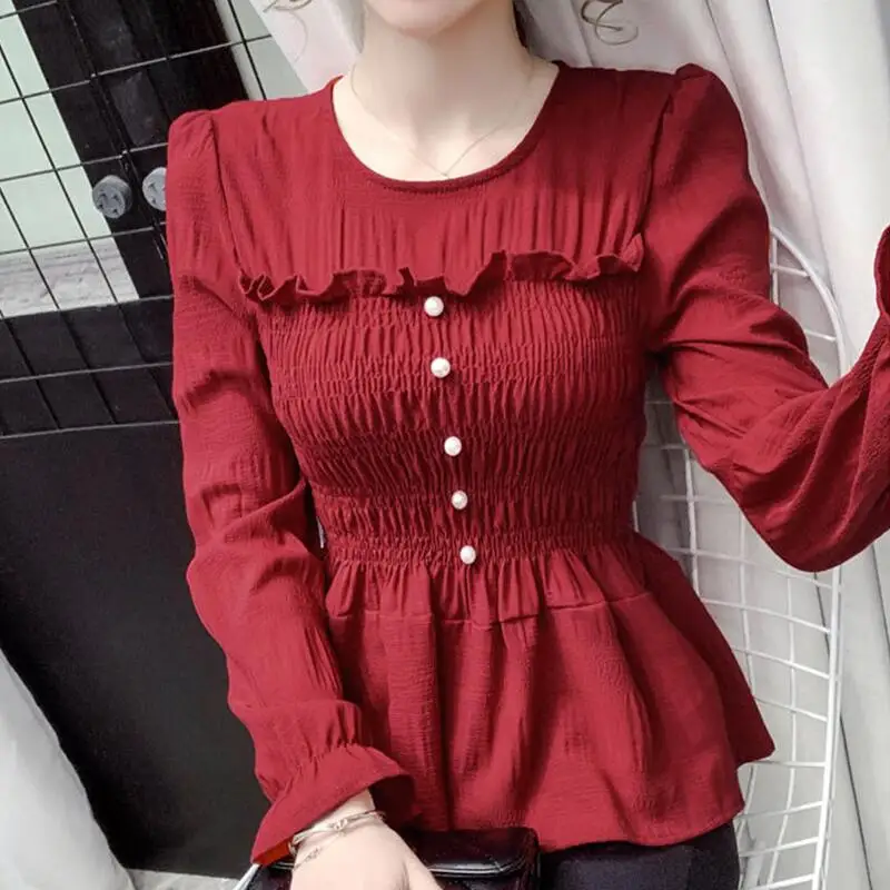 

Fashion Women Blouses Summer 2021 New Shirts Female Slim All-Match Waist Pleated Beaded Long-Sleeved Chiffon Shirt
