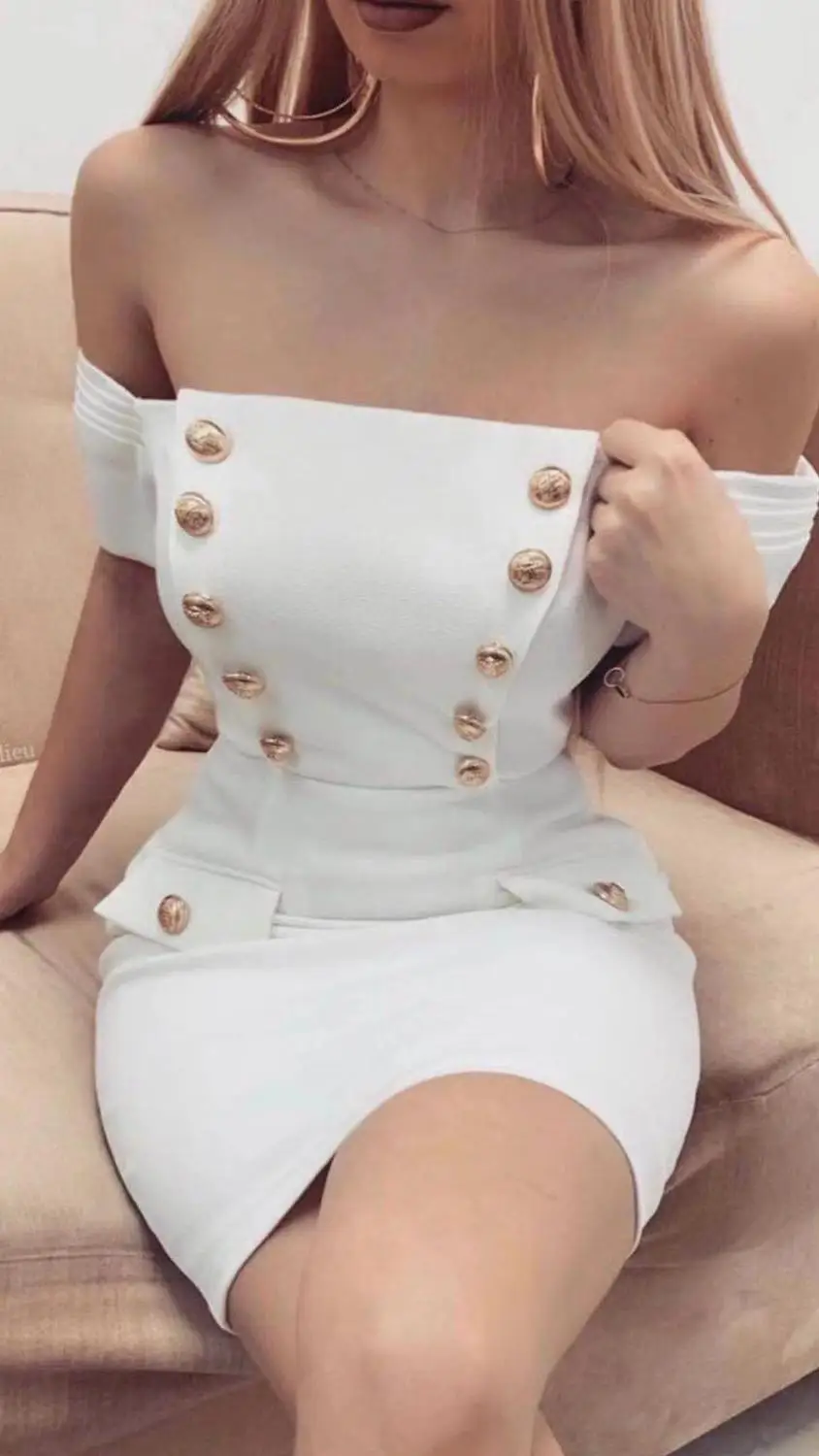 

Women Sexy Off Shoulder Short Sleeve Button White Mini Bodycon Bandage Dress 2021 Elegant Evening Party Dress Vestidos