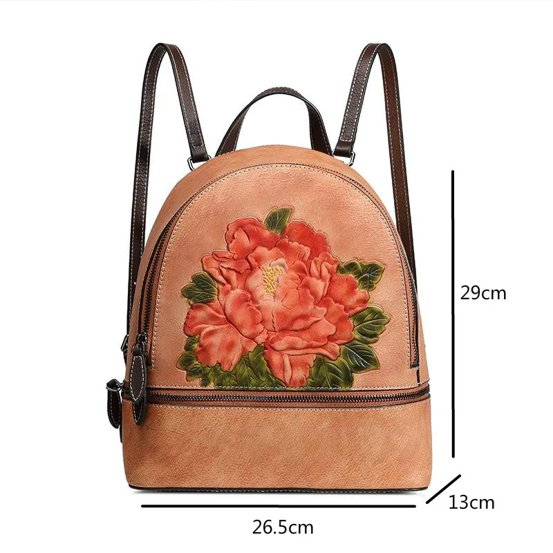 

Bestform 2020 New Handmade Embossing Women Bag Genuine Leather Backpack Vintage Hand Painted Large Capacity Travel Bags