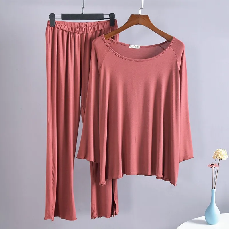 

Lady Spring Autumn Modal Pajamas Set 2PCS Sleepwear Casual Loose Nightwear Sleep Set Solid Long Sleeve Pijamas Suit Home Clothes