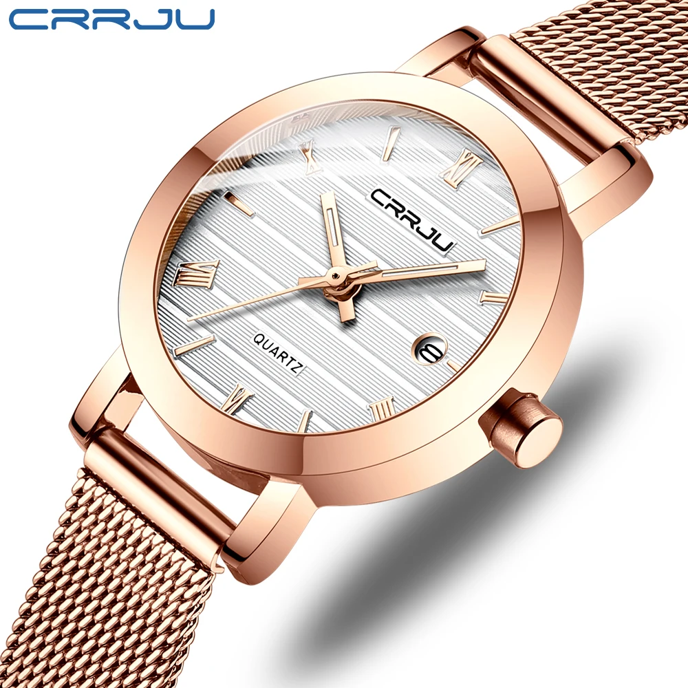 

Часы CRRJU женские кварцевые с японским механизмом, брендовые роскошные стильные наручные, с датой, розовое золото, для девушек, 2021