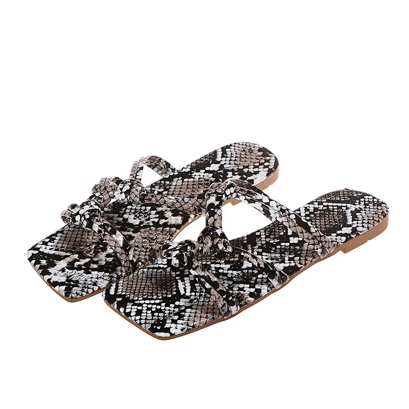 

Summer Fashion Slippers For Women Serpentine Printed Squared Toe Casual Flip Flops Sandals Slip On Flat Slippers Beach Shoes