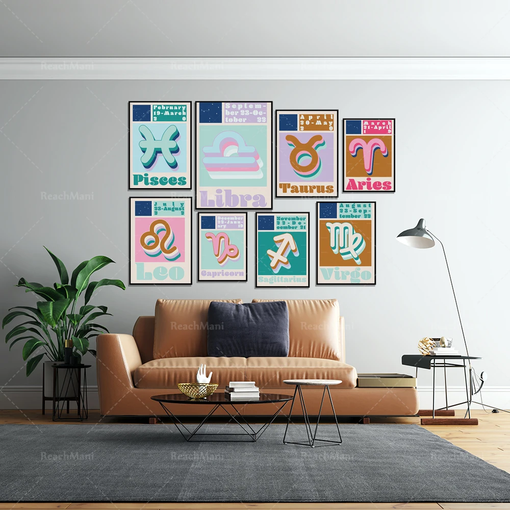 

Hot Sale Cartoon Horoscope Nursery Wall Art Canvas Poster Printing Astrology Bohemian Cancer Astrology Painting Decoration Pictu