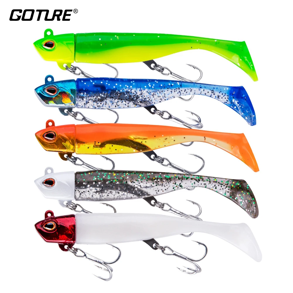 Goture 5pcs Jig Head Soft Fishing Lure Wobbler Silicone Artificial Bait Sea Bass Tackle (1Head + 2 Tail) | Спорт и развлечения