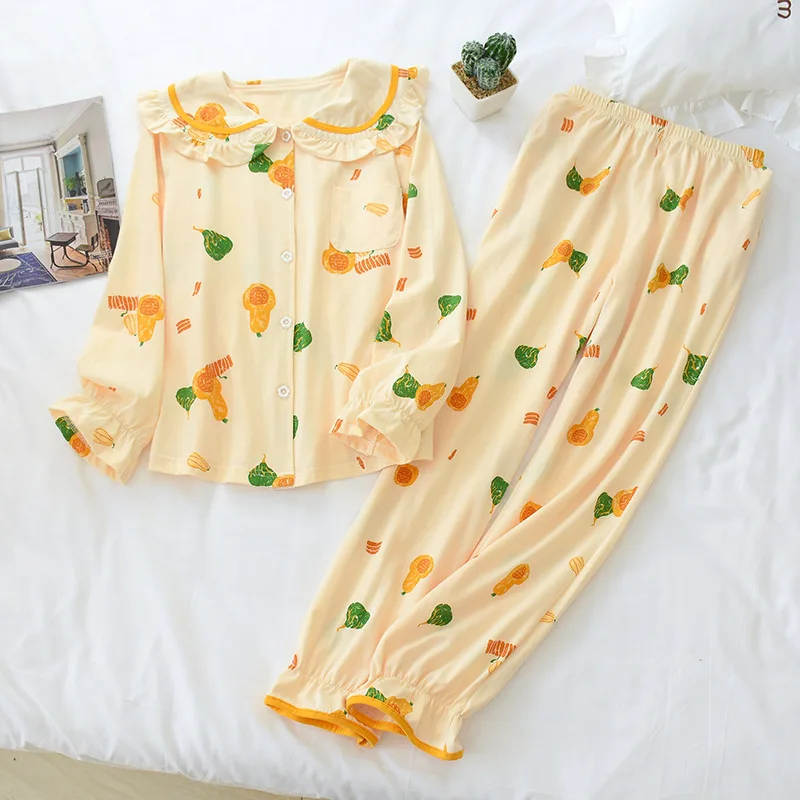 

Women Spring Pure Cotton Long Sleeve Pajamas Turn-down Collar Printing Sleepwear Loungewear 2 Piece Home Clothes Cute Sleep Set