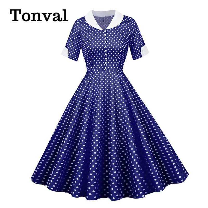 

Tonval Button Front Polka Dot Vintage High Waist Elegant Dress Women V Neck Short Sleeve Casual Retro Swing Dresses